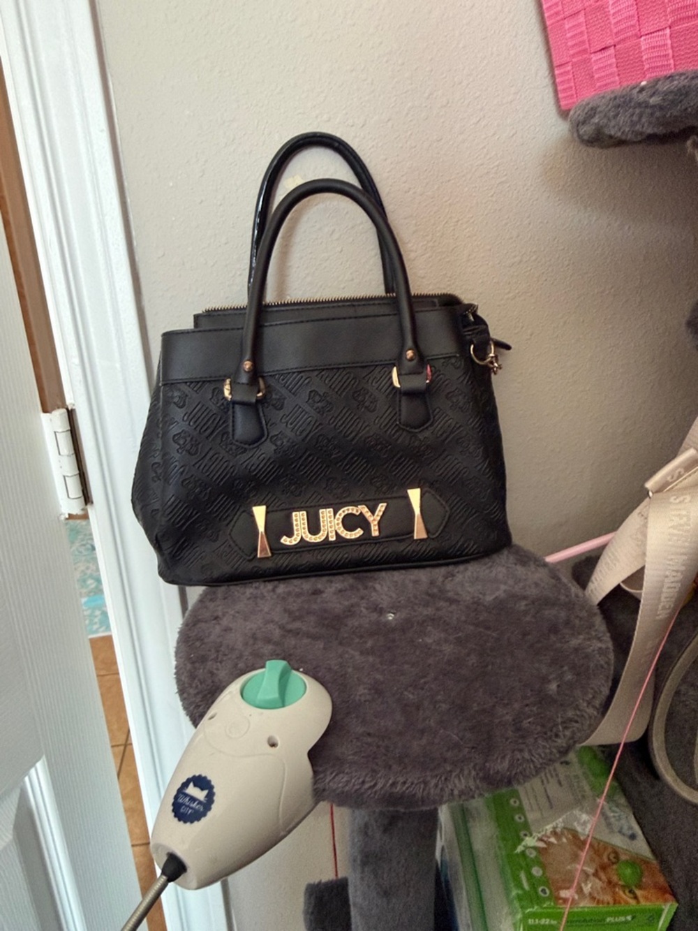Juicy Couture Black Embossed Logo Satchel with Gold Accent
